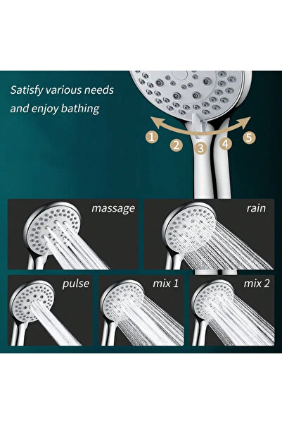 shind Shower Head with Hose 1.5m, 5 Types of Universal Adjustable High Pressure Jet Made in Italy