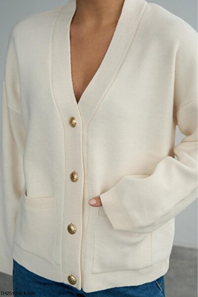 CADDELAMODA Kadın V yaka Gold Düğmeli Hırka