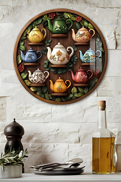 kutuTR 3D Görünümlü Temperli Cam Tablo – Renkli Çaydanlıklar Duvar Süsü UV Baskı 33x33 cm-CDS045