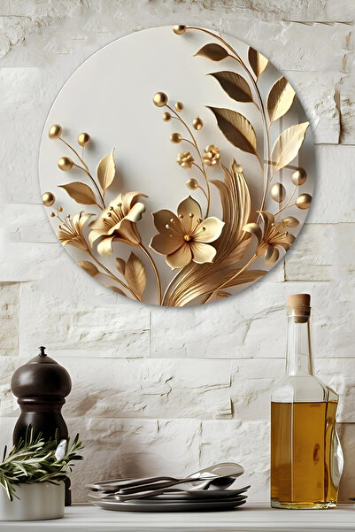 kutuTR 3D Görünümlü Temperli Cam Tablo – Altın Çiçek Desenli Duvar Süsü UV Ba...