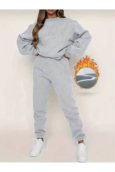 darkopia Unisex Men's Women's Unprinted Basic Printed Oversized 3 Thread Crew Neck Tracksuit Set