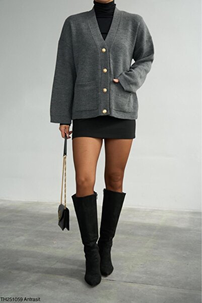 CADDELAMODA Women's V-Neck Gold Button Cardigan