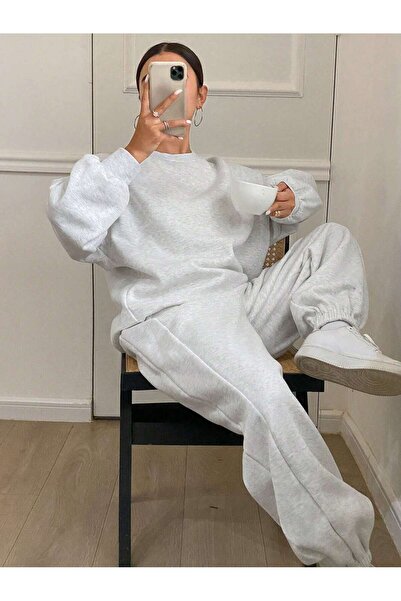 darkopia Unisex Men's Women's Unprinted Basic Printed Oversized 3 Thread Crew Neck Tracksuit Set