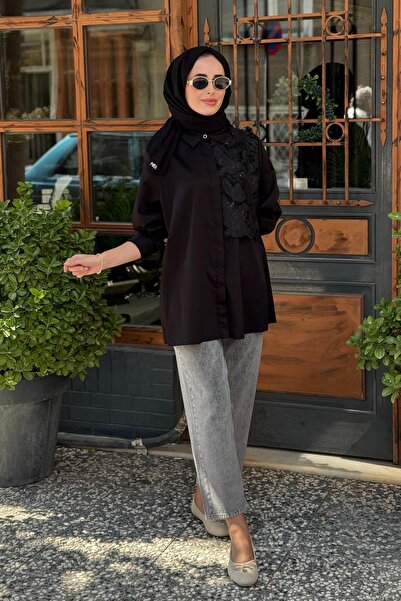 Gala-Xi Dantel Detaylı Büyük Beden Gömlek 10002521514008 Siyah