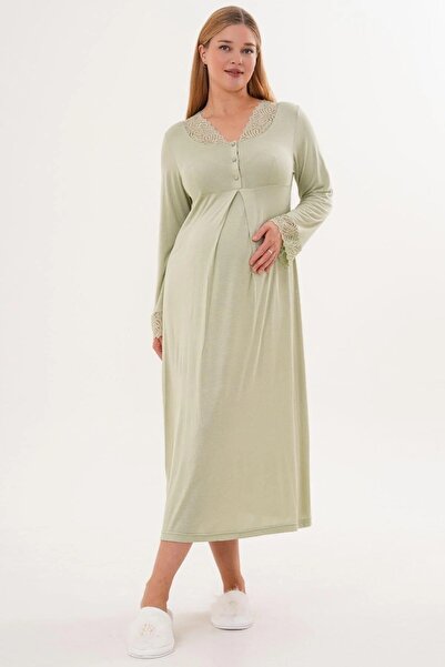 BLACKMORE Women's Green Lace Design Cotton Full Length Maternity Pregnancy Dressing Gown Pajamas Set and Nightgown 4-Piece Set