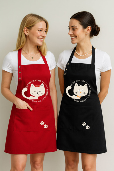 Hulganz Kitchen Apron Set of 2 Stain-Resistant Water-Repellent Fabric Cat Pri...