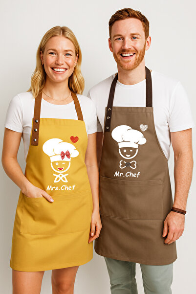 Hulganz طقم مريلة مطبخ من قطعتين، قماش مقاوم للبقع وطارد للماء، مريلة شيف مع جيب، لون أصفر بني