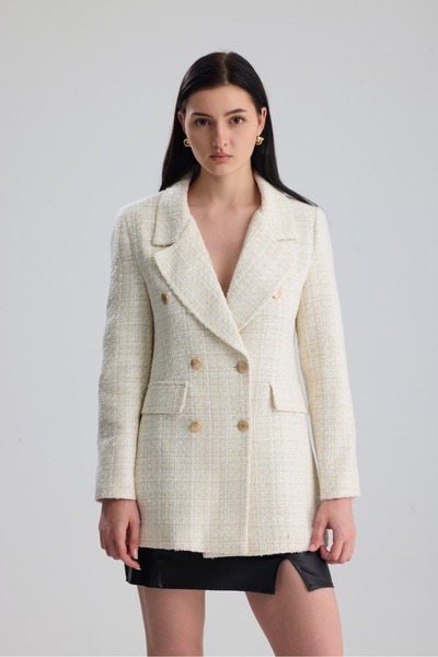 ONE WEAR Kadın Gold Düğmeli Kruvaze Tüvit ceket