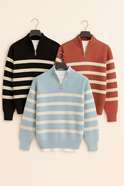 Pinem 3-Pack Men's Ribbed Striped Half-Zip Striped Knit Sweater