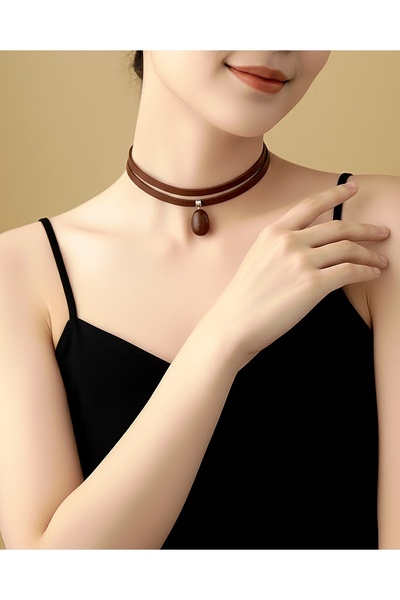 LADYMİRAGE Real Leather Agate Stone Choker Necklace