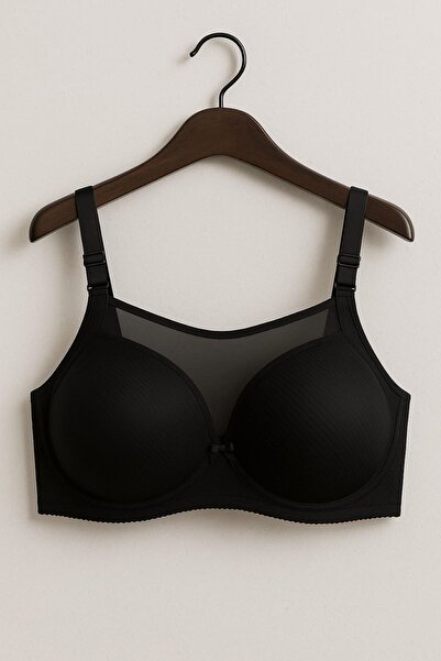 enmodaiçgiyim Black Plus Size C Cup Tulle Detailed Shaping / Sculpting Bra – Without Underwire, Soft Sponge