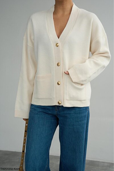 CADDELAMODA Kadın V yaka Gold Düğmeli Hırka