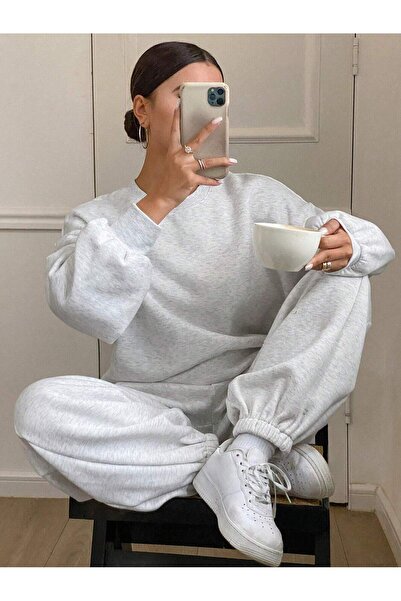 darkopia Unisex Men's Women's Unprinted Basic Printed Oversized 3 Thread Crew Neck Tracksuit Set