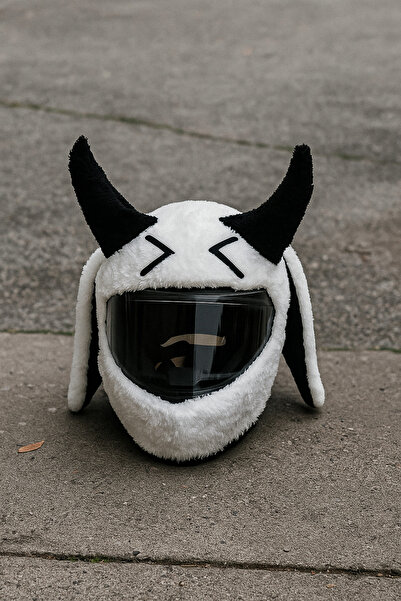 Beta Peluş Kask Kılıfı Şeytan Beyaz Renkli Motosiklet Kask Aksesuarı