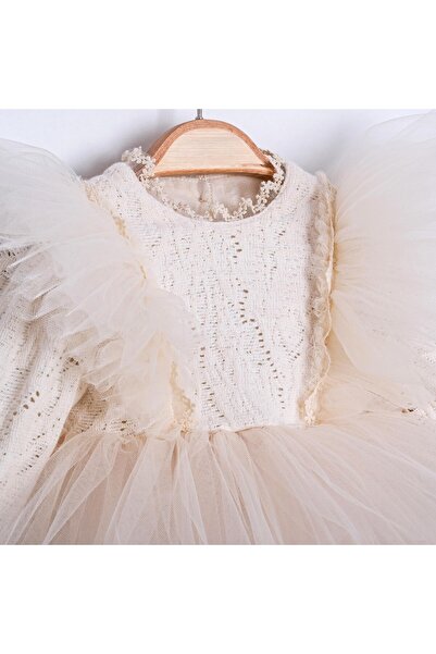 ministok Milani Omuz Kısmı Fırfırlı Arkası Fiyonklu Bej Kız Bebek Romper