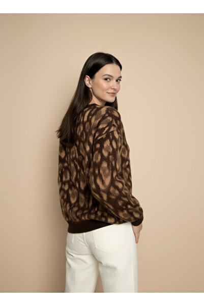 Store Leopar Desenli Yuvarlak Yaka Triko Tunik