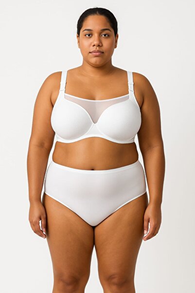 enmodaiçgiyim White Plus Size C Cup Tulle Detailed Shaping / Sculpting Bra – Without Underwire, Soft Sponge