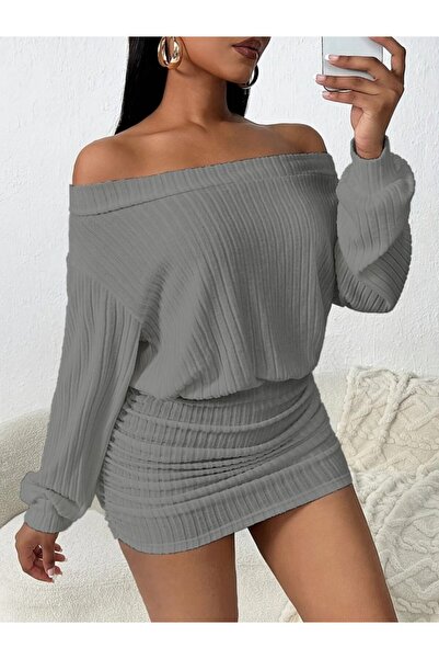 buğrahayalin Women's Long Sleeve Madonna Collar Side Gathered Ruched Camisole Mini Dress