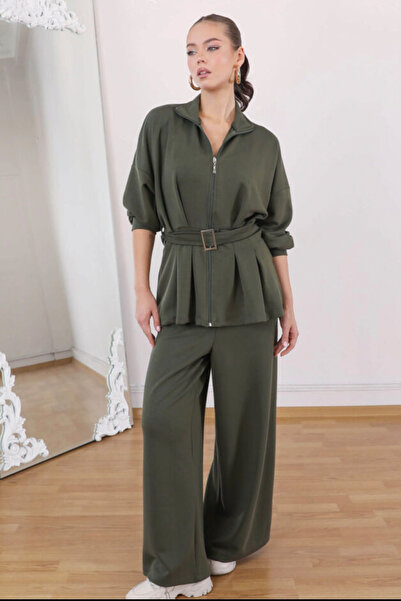 AYASOFYA OTANTIK Women's Khaki Pleated Zipper Closure Belt Detail Tunic Elastic Waist Trousers Set