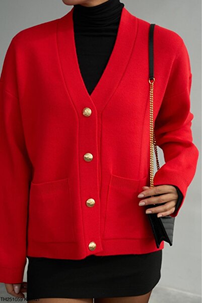 CADDELAMODA Women's V-Neck Gold Button Cardigan