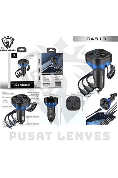 Lenyes CA-813 Car Charger with Bluetooth 5.3 FM Transmitter, Dual Port & Built-in 3-in-1 Cable