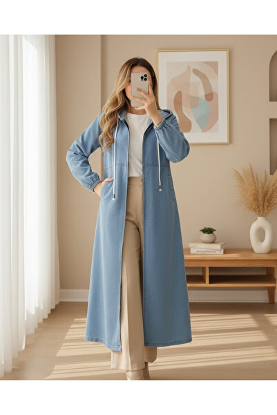 MissRunin Yan Cepli Kolu Lastikli Kapşonlu Kot Kap