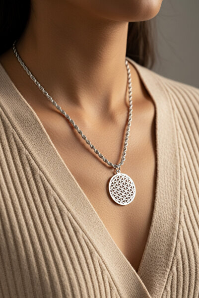 Modacaprea قلادة زهرة الحياة الفولاذية المستديرة 45 سم |   قلادة نسائية من ال...
