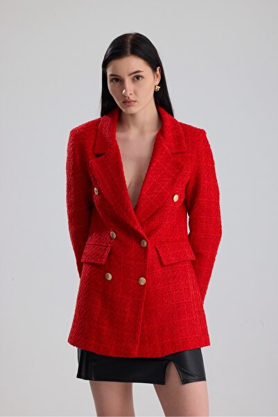 ONE WEAR Kadın Gold Düğmeli Kruvaze Tüvit ceket