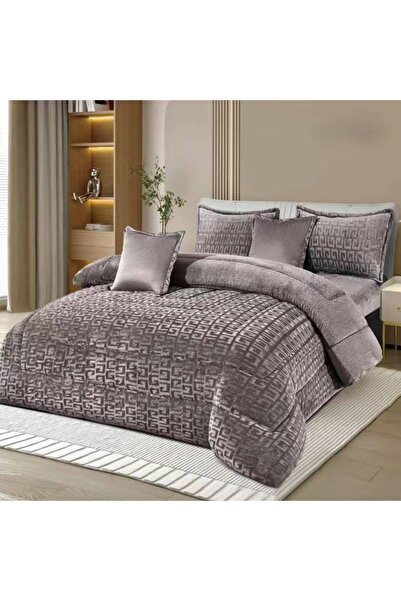 MİNG Lİ Winter Bedspread Set - One and a Half - Wavy Rabbit Fur - 4 Pieces