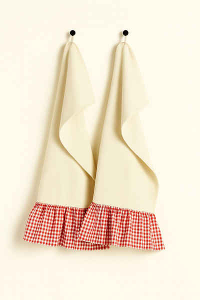 Mirilliahome Σετ 2 πετσετών κουζίνας με βολάν, λινό πετσέτες κουζίνας με κουκκίδες