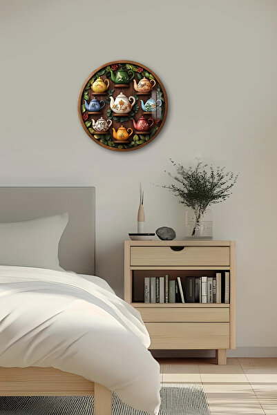 kutuTR 3D Görünümlü Temperli Cam Tablo – Renkli Çaydanlıklar Duvar Süsü UV Baskı 33x33 cm-CDS045