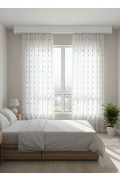 Perde Pendik Tül Perde Arya Yeni Sezon Renkli PonPon Pufy Foldet Keten Tül, Püsküllü Kırışmaz Çocuk Odası Pileli