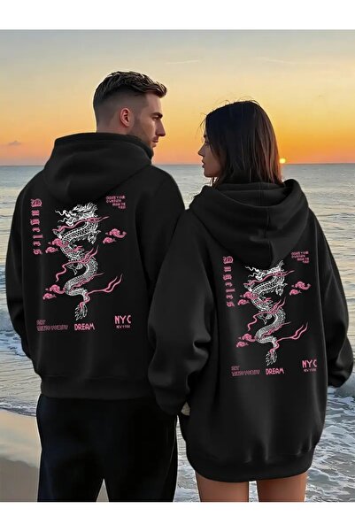 NEVERMIND Dear Couple Combination Dragon Pattern Printed Color Hooded Sweatshirt 2-Piece Set 3 Thread Cotton