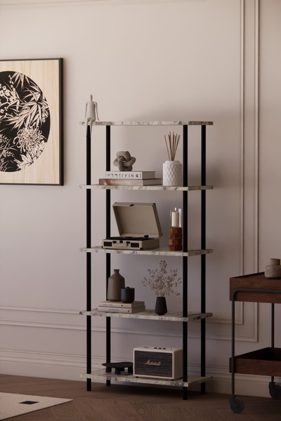 Phobia Çevir Kur Modüler 5 Raflı Çok Amaçlı Kitaplık , Kolay Kurulum Kitaplık Beyaz Mermer Desen