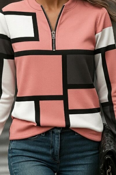 buğrahayalin Women's Long Sleeve Collar Zip-Up Print Raised Diving Blouse