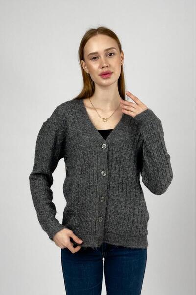 Betimoda Women's V-Neck Knitted Sweater Front Buttoned Short Cardigan Smoked