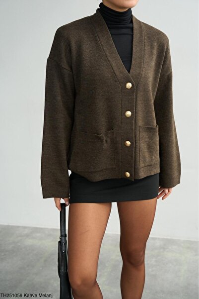 CADDELAMODA Women's V-Neck Gold Buttoned Cardigan with Pockets