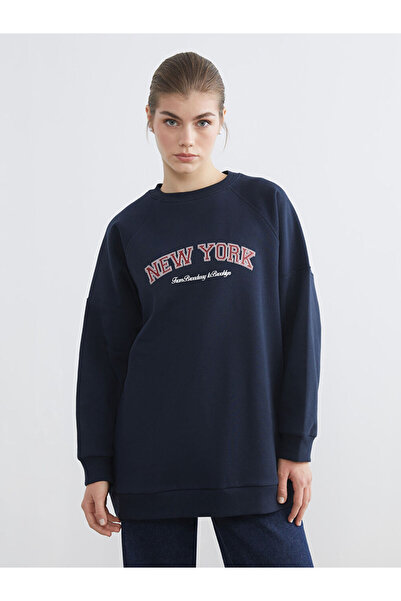 LC Waikiki Lcw modest navy blue Printed Oversized women's thick sweatshirt tunic
