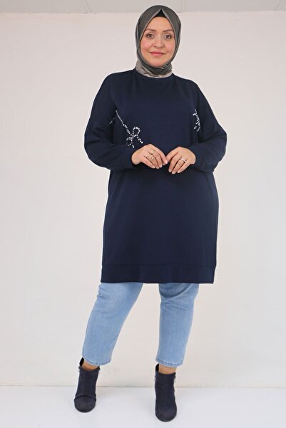 Eslina 58165 Plus Size Modal Tunic with Stone Print Detail - Navy Blue