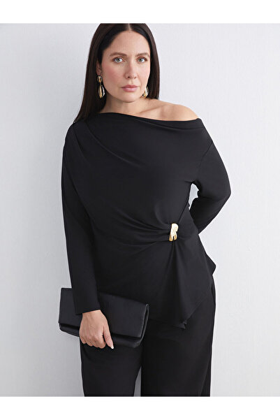 LC Waikiki Black boat neck ruched blouse from plus-store