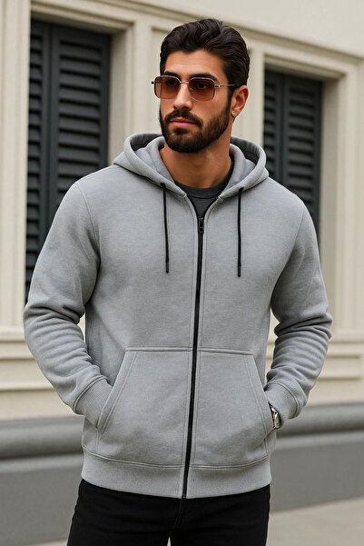 DAMGA JEANS سترة شتوية للرجال قصة فضفاضة باللون الرمادي بسحاب من نوع كابسون