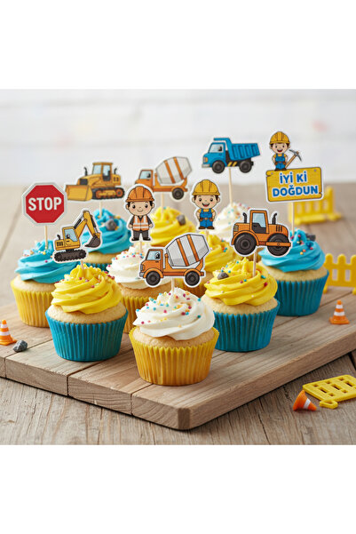 Eksen Concept 8’li İş Makinesi Figürlü Kürdanlı Pasta Süsü Seti | Çocuk Doğum...