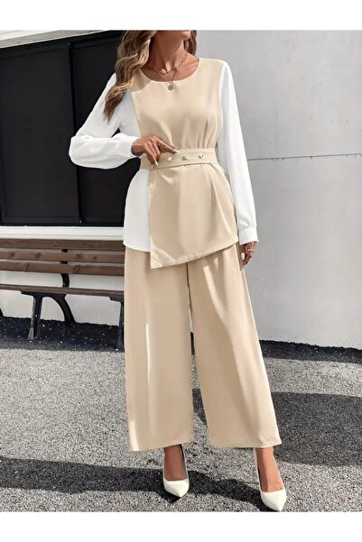 buğrahayalin Women's Long Sleeve Open Collar Double Color Belted Imported Crepe Two-Piece Suit