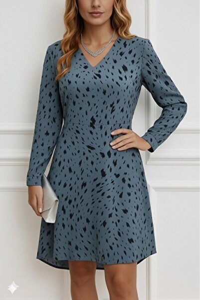 babatr.com Women's Long Sleeve V Neck Print Short Linen Dress