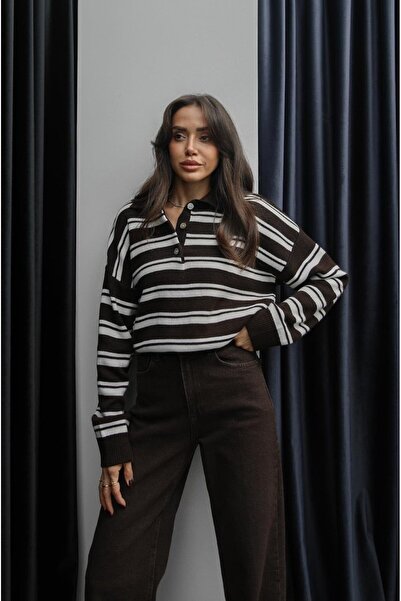 Havoş Καφέ κρεμ ριγέ πουλόβερ με λαιμόκοψη πόλο