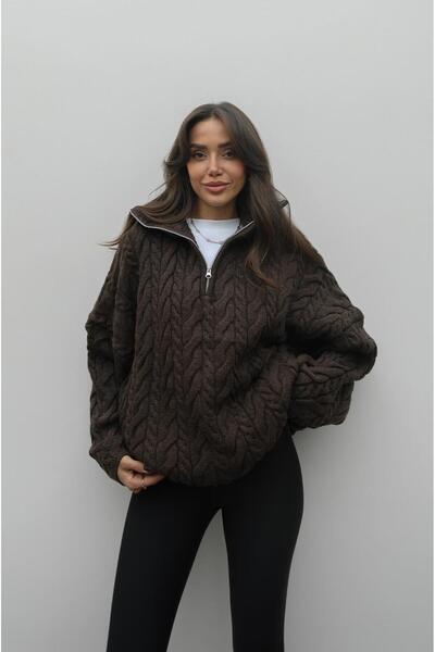 Havoş Açık Kahve Yakası Fermuarlı Saç Örgü Kazak