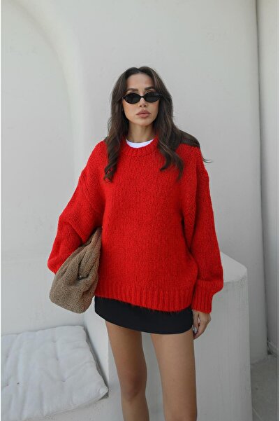 Havoş Kırmızı Kalın Örme Bisiklet Yaka Kazak