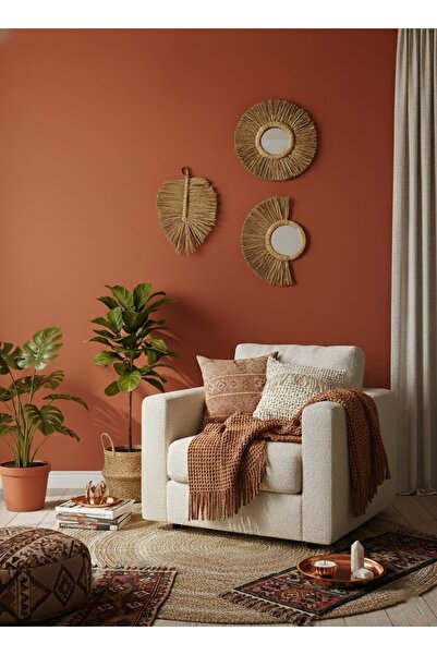 MANOADECO Naturel Bohem Dekoratif Rattan Hasır Ayna ve Yaprak Duvar Süsü Seti