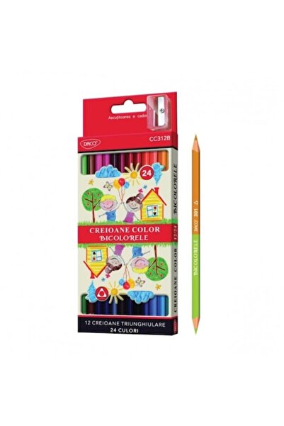 Daco Set 12 creioane bicolore DACO, corp triunghiular din lemn și două capete...