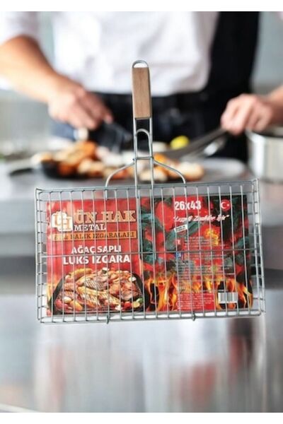 YILMAZNARGİLE Izgara 26x43 Cm,Ağaç Saplı Tel Izgara,Kamp Mangal,Et-Balık-Tavu...